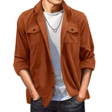 WIAOFELLAS  -  Fashion Suede Shirt For Men's Clothing Spring Autumn Casual Solid Color Pocket Long Sleeves Turn-down Collar Coats Loose Tops