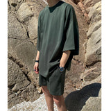 WIAOFELLAS  -  Short Summer Sleeve T-Shirt O-neck Three Quarter Sleeve Tops + Korean Fashion Loose Sports Shorts Green Two Piece Set Y8120