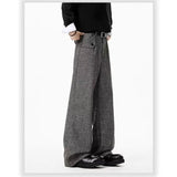 WIAOFELLAS  -  Grey Straight-leg Casual Pants Men American Streetwear Brand Retro and Stylish Loose Wide-leg Plaid Suit Pants