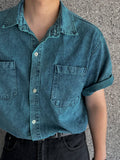 Wiaofellas  -  Men's Denim Shirt Summer New Korean Style Loose Short Sleeve Trendy Lapel Clothing Single Breasted Versatile Top