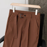 Wiaofellas  -  Men Pleated Dress Pants with Belt Business Casual Non-Iron Straight Trousers Male Solid Color Ankle Length Office Work Pants