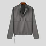 WIAOFELLAS  -  Men Shirt Solid Color Stand Collar Long Sleeve Loose Men Clothing Streetwear Korean Style Fashion Casual Shirts