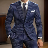 Wiaofellas  -  Striped Men Suits Formal Navy Blue Wedding Business Tuxedo Single Breasted Groom Outfits Pinstriped Suit (Blazer+Pants)