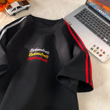 WIAOFELLAS  -  New Embroidery T-shirt Rainbow Coloured Letters T-shirt Fashion Striped Collision Summer Short-sleeved Tops Street Couple Tee