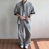 WIAOFELLAS  -  Korean Style Men's Sets Fake Two-piece Stand Collar Pathwork Short Sleeevd Sweatshirts Straight Wide Leg Male Pants