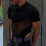 WIAOFELLAS  -  Men Bodysuits Mesh Patchwork Lapel Short Sleeve Transparent Sexy Male Rompers T Shirt Streetwear Fashion Bodysuit