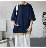 WIAOFELLAS  -  Fashion New Men's Spliced Plaid Fake Two Pieces Casual T-shirt Trendy Turn Down Collar Short Sleeve Tops Male Summer