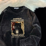 WIAOFELLAS  -  Spring Autumn Round Neck Pure Cotton Long-sleeved Women's Loose Washed Old Printed Sweet Cool Style Versatile Oversized T Shirt