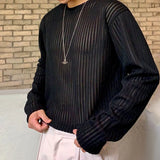 Wiaofellas  -  Mens Sexy Striped See-Through T-Shirt New Fashion Nightclub Personality Youth Casual Versatile Long-Sleeved Tops For Men
