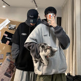 Wiaofellas  -  Loose Men's Hoodie Fake Two-Piece Sweatshirt Lazy Style Hong Kong Style Casual Long Sleeve Printed Polyester Fiber Spring Autumn