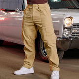Wiaofellas  -  Men Khaki Wide Leg Pants Summer Male Button Pocket Loose Straight Cargo Full Trousers
