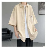 WIAOFELLAS  -  Fashion Men's Solid Color Pocket Design Short Sleeves Blouse Trendy Single-breasted Lapel Casual Shirts Male Summer