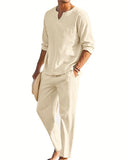 WIAOFELLAS  -  2pcs Set Men's Shirt and Pants Suits for Men Small V-neck Beach Wear Tracksuit Solid Color Shirts Sweatpants Hawaiian Vacat