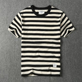 WIAOFELLAS  -  May Khaki heavy round neck cotton T-shirt American retro striped short sleeve T-shirt men's fashion