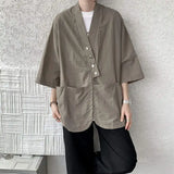 WIAOFELLAS  -  Niche Design Men's Shirts V-neck Solid Color Button Desig Ice Silk Big Pocket Casual Male Tops Summer Menswear