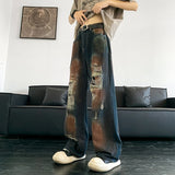 WIAOFELLAS  -  Wash, make old, dirty, torn holes denim pants for men and women, high street, loose straight leg, wide leg, mop, beggar pants