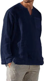 Wiaofellas  -  Men's Linen Shirt Solid Color Long Sleeve Breathable Tops V Neck Casual Blouse Hawaiian Shirt Loose Lightweight Shirts