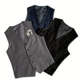 Wiaofellas  -  Men Vest Navy Blue Solid Single Breasted Retro For Wedding Groom Business Daily Casual Men Suit