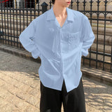 WIAOFELLAS  -  Men Shirt Solid Color Embroidery Lapel Long Sleeve Men Clothing Streetwear Loose Korean Style Fashion Male Shirts Tops
