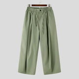 Wiaofellas  -  Men Pants Solid Color Button Pleated Loose Casual Wide Leg Trousers For Man Streetwear Joggers Fashion Casual Male Pants