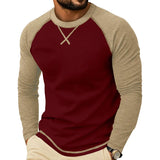Wiaofellas  -  Men Color Block Raglan Long Sleeve T Shirts Crew Neck Curved Hem Casual Basic Undershirt Tops