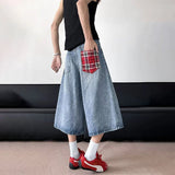 WIAOFELLAS  -  Vintage Men Patchwork Plaid Design American Style Denim Shorts Fashion Straight Wide Leg Short Pant Male 2025 Summer 2A0865