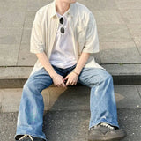 WIAOFELLAS  -  Men's Oversized Striped Casual Shirt - Korean Fashion Trend Short Sleeve Button-Down Collared Top  Stylish Layered Streetwear