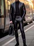 Wiaofellas  -  Men's Blazer & Pants 2Pcs Set Slim Fit Black Lapel PU Leather Jacket & Pants 2Pcs Set Male Business Casual Prom Suit Moto style