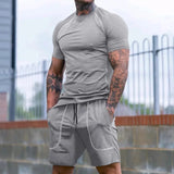 WIAOFELLAS  -  Versatile New Sports Tight Round Neck Short-sleeved Pullover and Three-quarter Shorts Men's Running Fitness Clothing Set