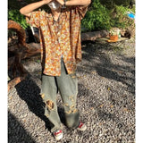 WIAOFELLAS  -  Retro Floral Boyfriend Summer New Patchwork Shirt Collar Button Comfortable and Loose All Match Casual Short Sleeved Shirts