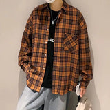 Wiaofellas  -  Trendy Harajuku Style Long Sleeve Plaid Shirt Men's Retro Casual Loose Versatile Color Block Casual Shirt Jacket for Teens