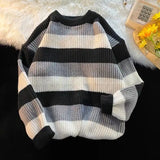 WIAOFELLAS  -  New Autumn and Winter Fashion Hong Kong Stripe Contrast Round Neck Long Sleeve Casual Loose Thickened Knitted Sweater