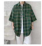 WIAOFELLAS  -  Trendy Vintage Men's Plaid Short Sleeved Casual Trousers Fashion Summer Single-breasted Turn-down Collar Shirts Male