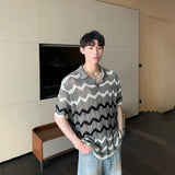 WIAOFELLAS  -  Fashion Men's Hollow Out Contrast Color Striped Casual T-shirt Trendy Loose Short Sleeves Lapel Tops Male Summer