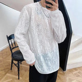 Wiaofellas  -  Mens Sexy See-Through Lace Floral Long-Sleeved Top  New Genderless Fashion Temperament French Retro Inner T-Shirt Unisex