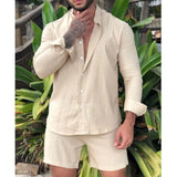 Wiaofellas  -  Men's Shorts Set Button-up Long Sleeve Shirt + Shorts Casual Beach Outfits Men Two Piece Tracksuit Fashion Streetwear