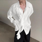 WIAOFELLAS  -  Men Shirt Solid Pleated Ruffle Lapel Long Sleeve Men Clothing Streetwear Loose Fashion Casual Tops Male Shirts S-5XL