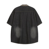 WIAOFELLAS  -  Loose Bf American College Style Short Sleeve Leopard Print Splicing Denim Shirt Summer New Arrival for Men And Women