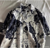 Wiaofellas  -  Men's Black White Floral Print Lapel Short Sleeve Shirt Casual Loose Vintage Blouse