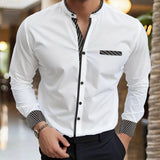 Wiaofellas  -  Men's Mandarin Collar Long Sleeve Shirt Slim Fit Casual Business Shirt With Striped Cuffs and Pocket Detail