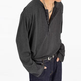 Wiaofellas  -  Men's Henry Neck Long Sleeve T-Shirt Autumn Loose Casual Button Top Basic Tee Couples Streetwear Simple T-Shirts