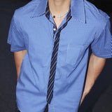 WIAOFELLAS  -  Plaid Design Men's Shirts Fake Tie Design Pocket Short Sleeved Contrast Color Casual Single Breasted Loose Male Top