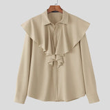 WIAOFELLAS  -  Men Shirt Solid Color Ruffle Lapel Long Sleeve Casual Men Clothing Loose Streetwear Elegant Fashion Male Tops Camisas
