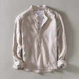 WIAOFELLAS  -  Cotton and linen top men's casual shirt Korean version slim fit solid color stand up collar pullover cotton and linen shirt men
