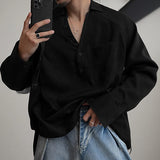 WIAOFELLAS  -  Men Shirt Solid Color Long Sleeve Koran Style Casual Men Clothing V Neck Streetwear Drawstring Shirts Fashion Male Tops