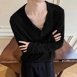 WIAOFELLAS  -  Men Shirt Solid Color Knitted Long Sleeve Casual Men Clothing Streetwear Korean Style Spring Autumn Fashion Male Tops