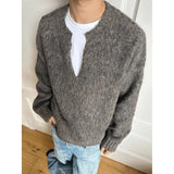 WIAOFELLAS  -  Korean version solid color v-neck sweater men's winter gray high-end loose casual lazy versatile knitted top