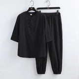 WIAOFELLAS  -  Summer Men Retro Chinese Style Shirts +Pants Kung Fu Uniform Fashion Casual T-Shirt Trousers Male Tang Suit Men Sets