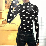 WIAOFELLAS  -  Men T Shirt Polka Dot Printing Turtleneck Gloves Long Sleeve Male Tee Tops Streetwear Pleated Fashion Casual Camisetas