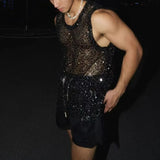 WIAOFELLAS  -  Summer Sexy Nightclub Men's Vest Sequins Sparkling Woven Mesh Breathable Sleeveless Men's Casual Hollow Tank Top For Male Tees